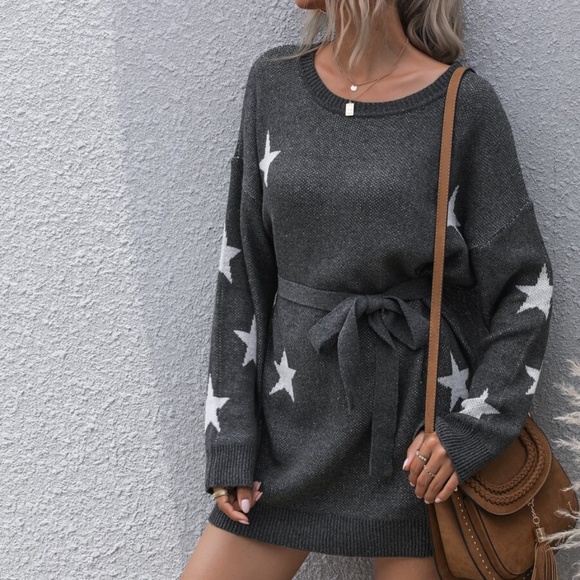 charcoal star print belted sweater dress fall - Picture 5 of 5